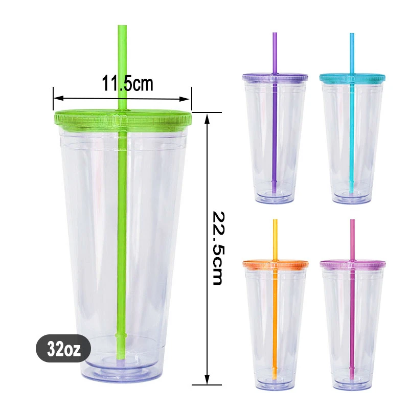 Double Wall Plastic Cup With Straw 32oz